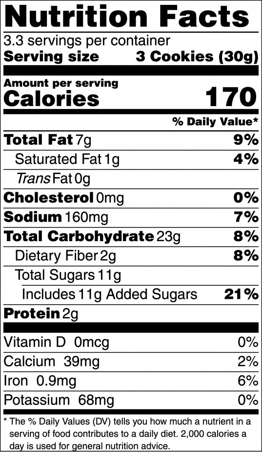Nutrition facts label for cookies with serving size, calories, and detailed nutritional information.