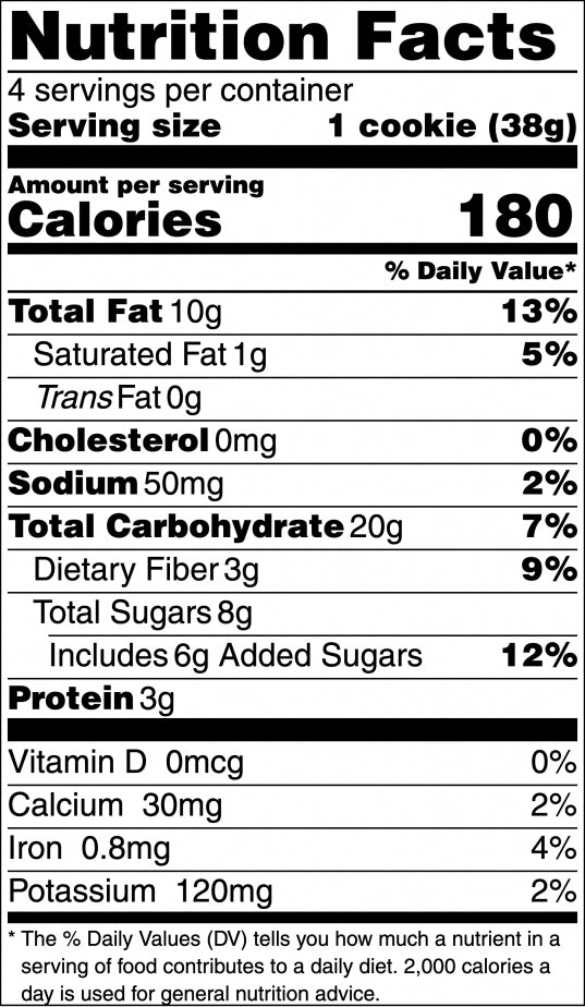 Nutrition facts label for a cookie with detailed nutritional information.