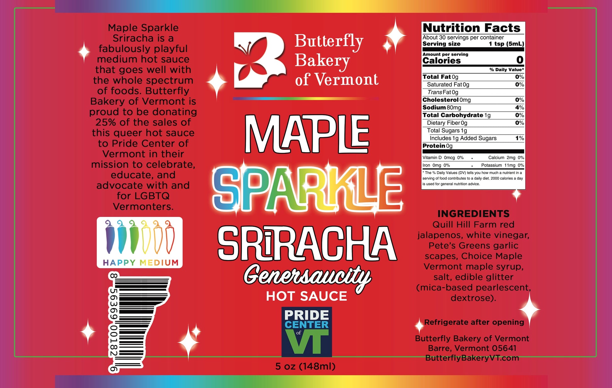 Maple Sparkle Sriracha hot sauce label from Butterfly Bakery of Vermont with colorful text and branding.