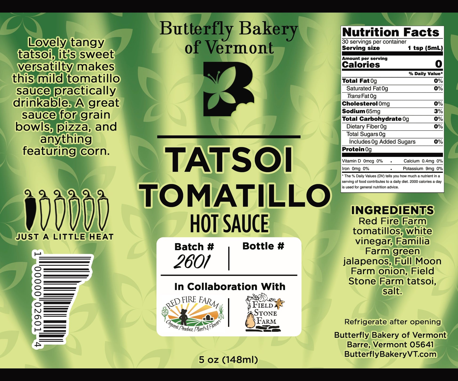 Butterfly Bakery of Vermont Tatsoi Tomatillo Hot Sauce label with text and branding.