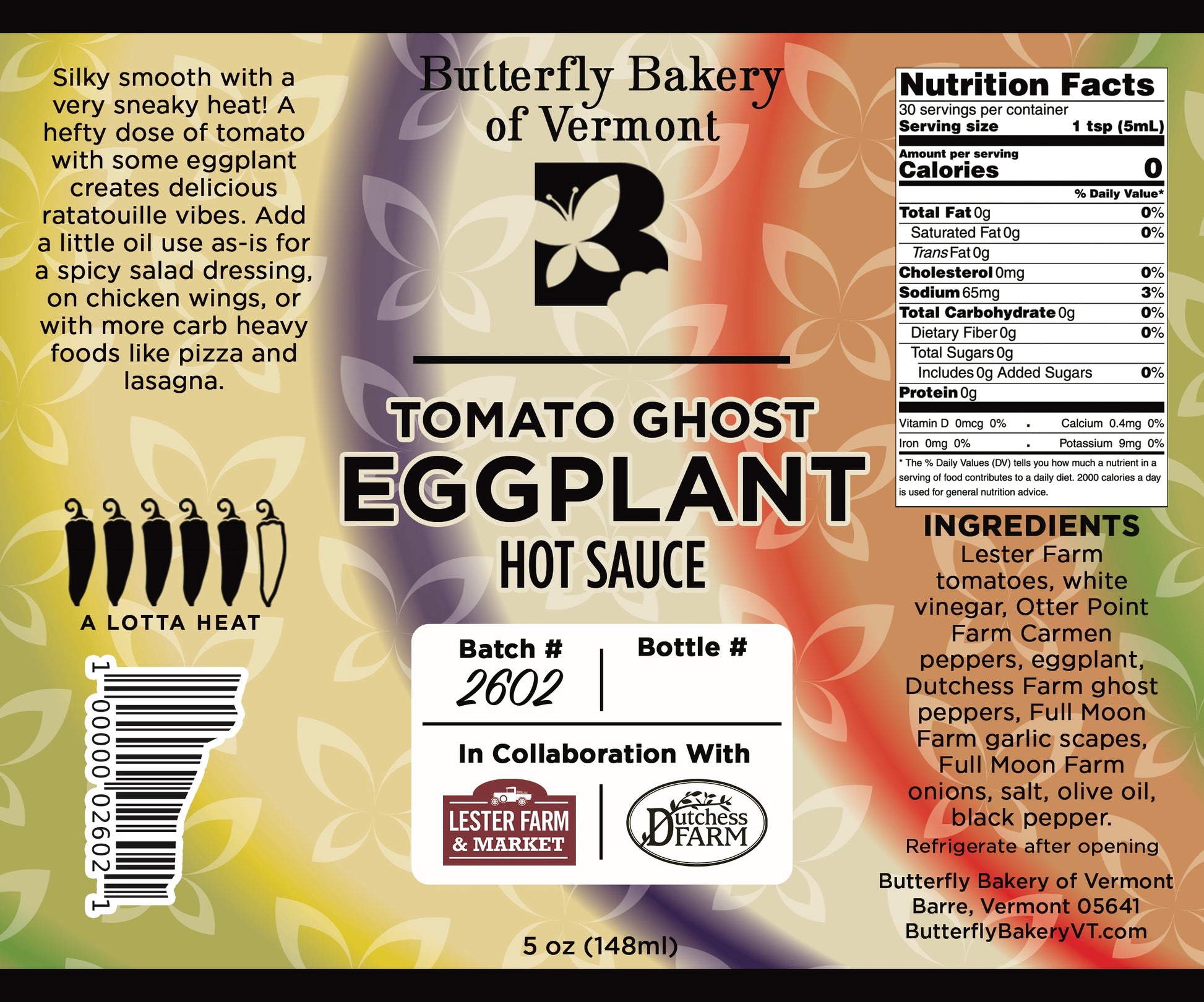 Label for Tomato Ghost Eggplant hot sauce from Butterfly Bakery of Vermont