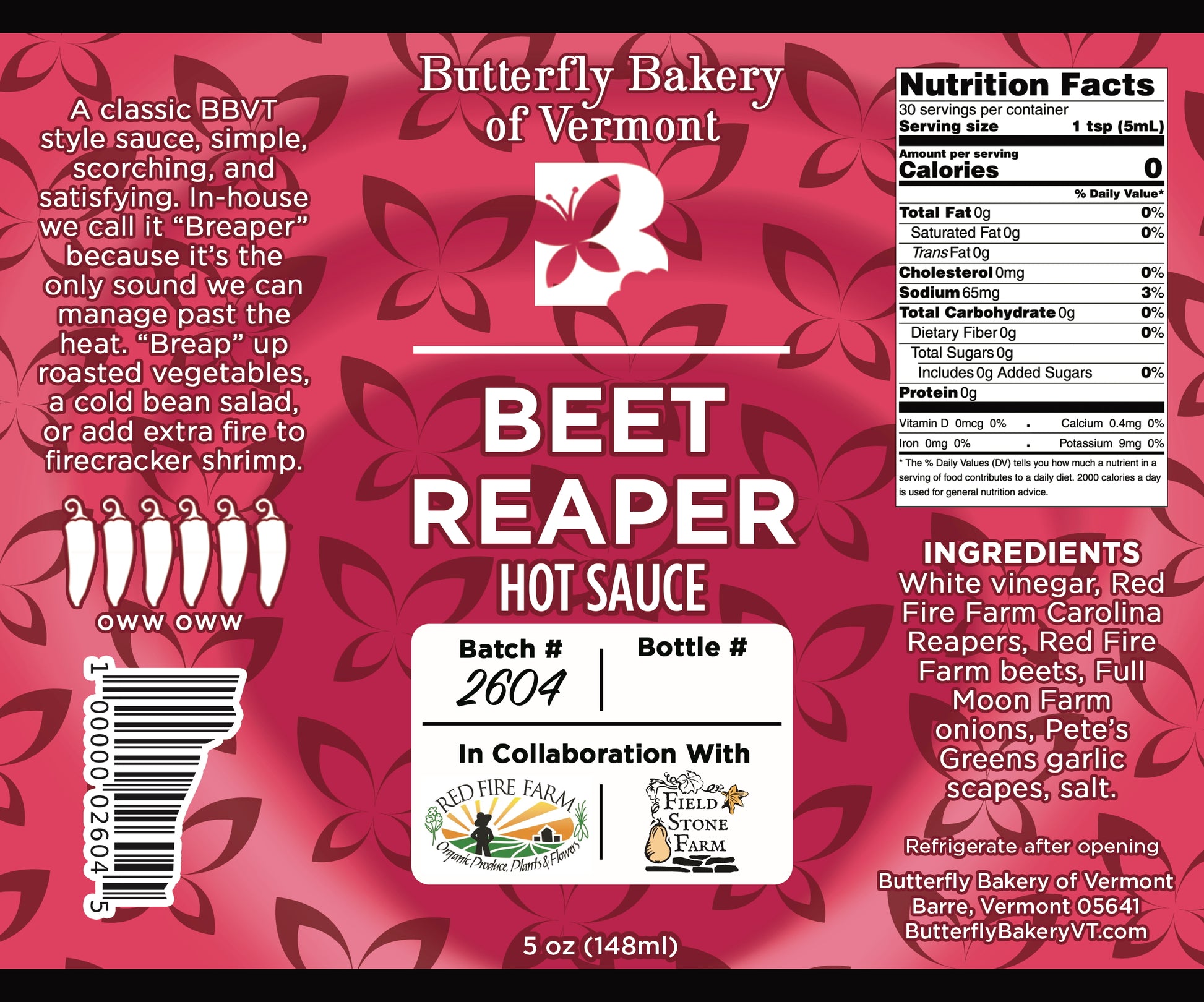 Label for Beet Reaper hot sauce from Butterfly Bakery of Vermont