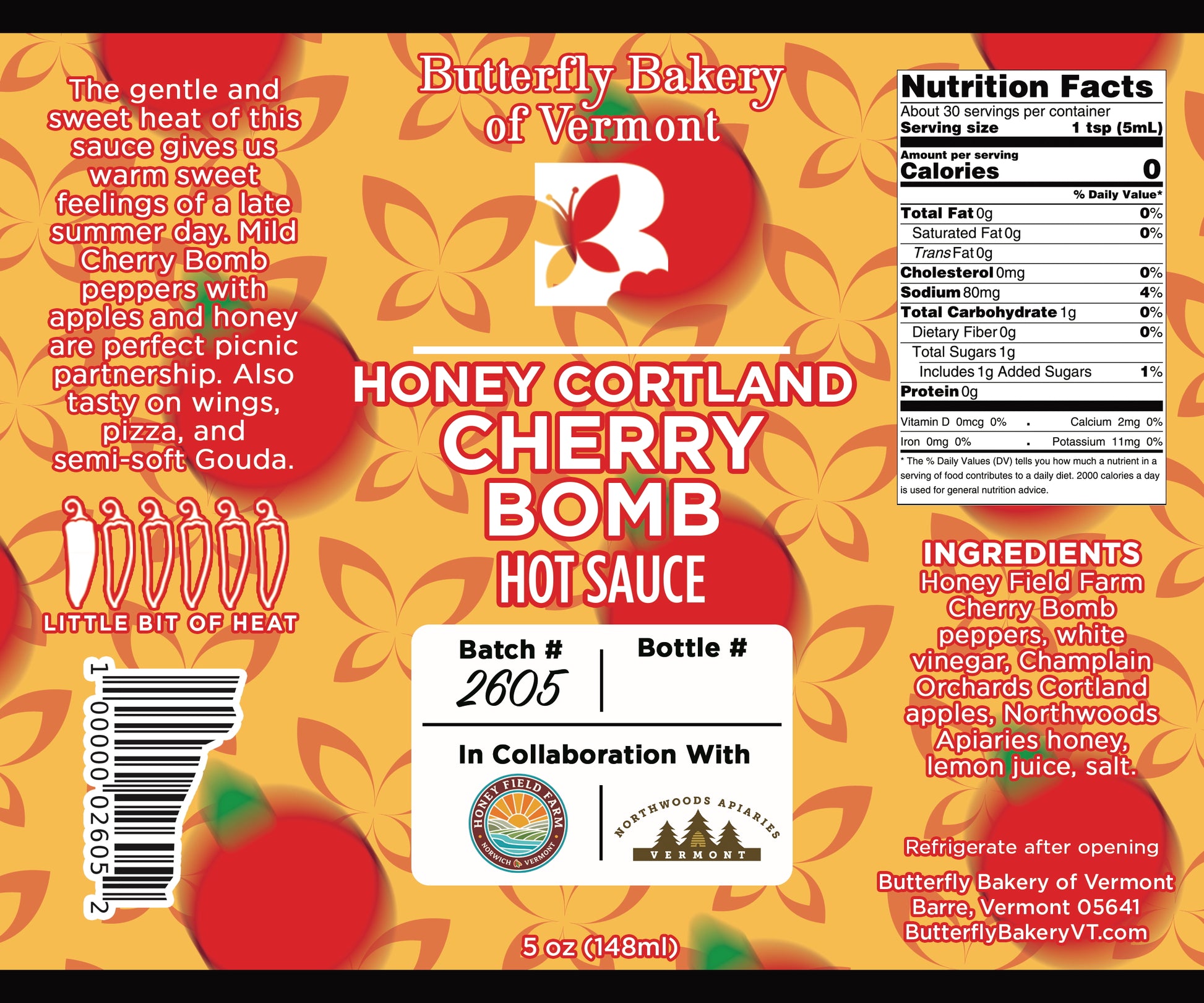 Label for Honey Cortland Cherry Bomb hot sauce from Butterfly Bakery of Vermont