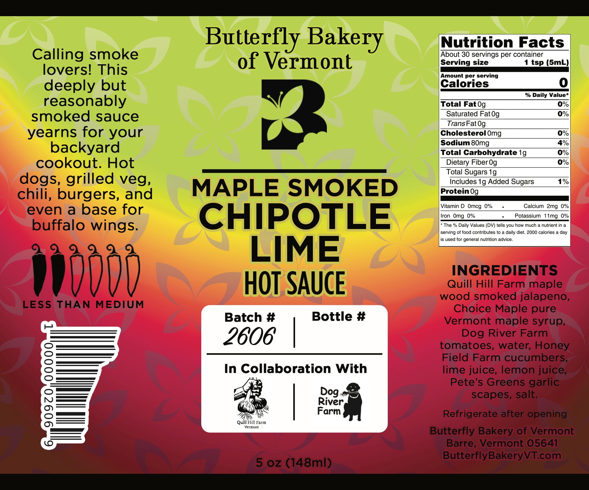 Label for Maple Smoked Chipotle Lime hot sauce from Butterfly Bakery of Vermont