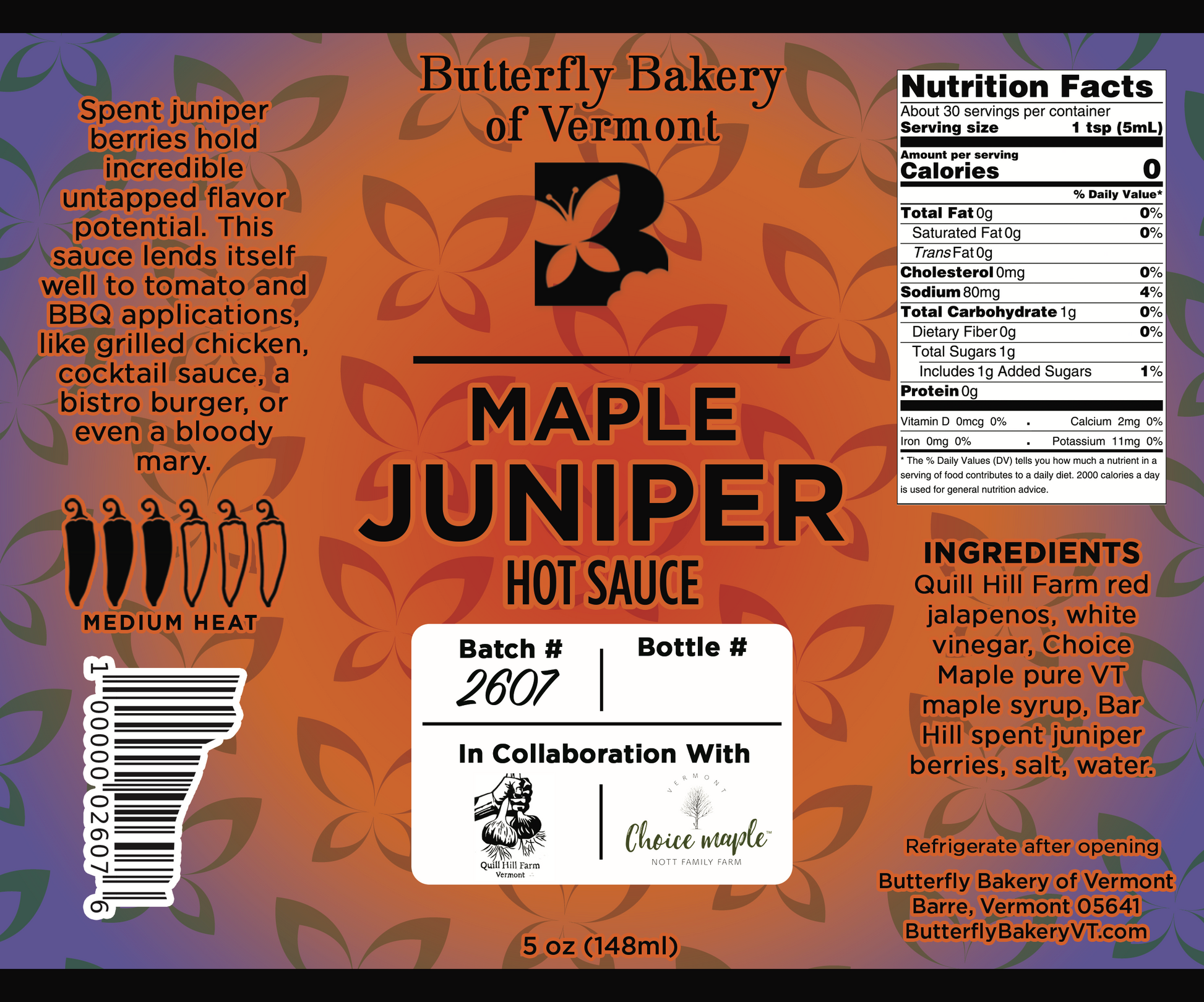 Label for Maple Juniper hot sauce from Butterfly Bakery of Vermont