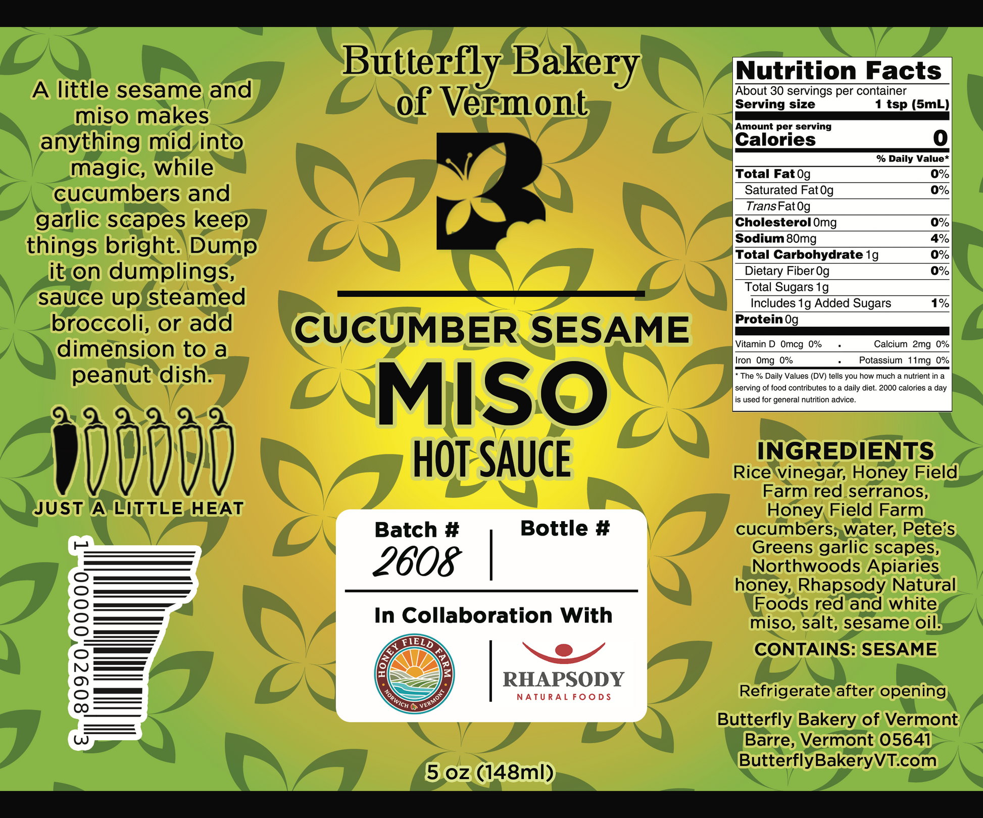 Label for Cucumber Sesame Miso hot sauce from Butterfly Bakery of Vermont