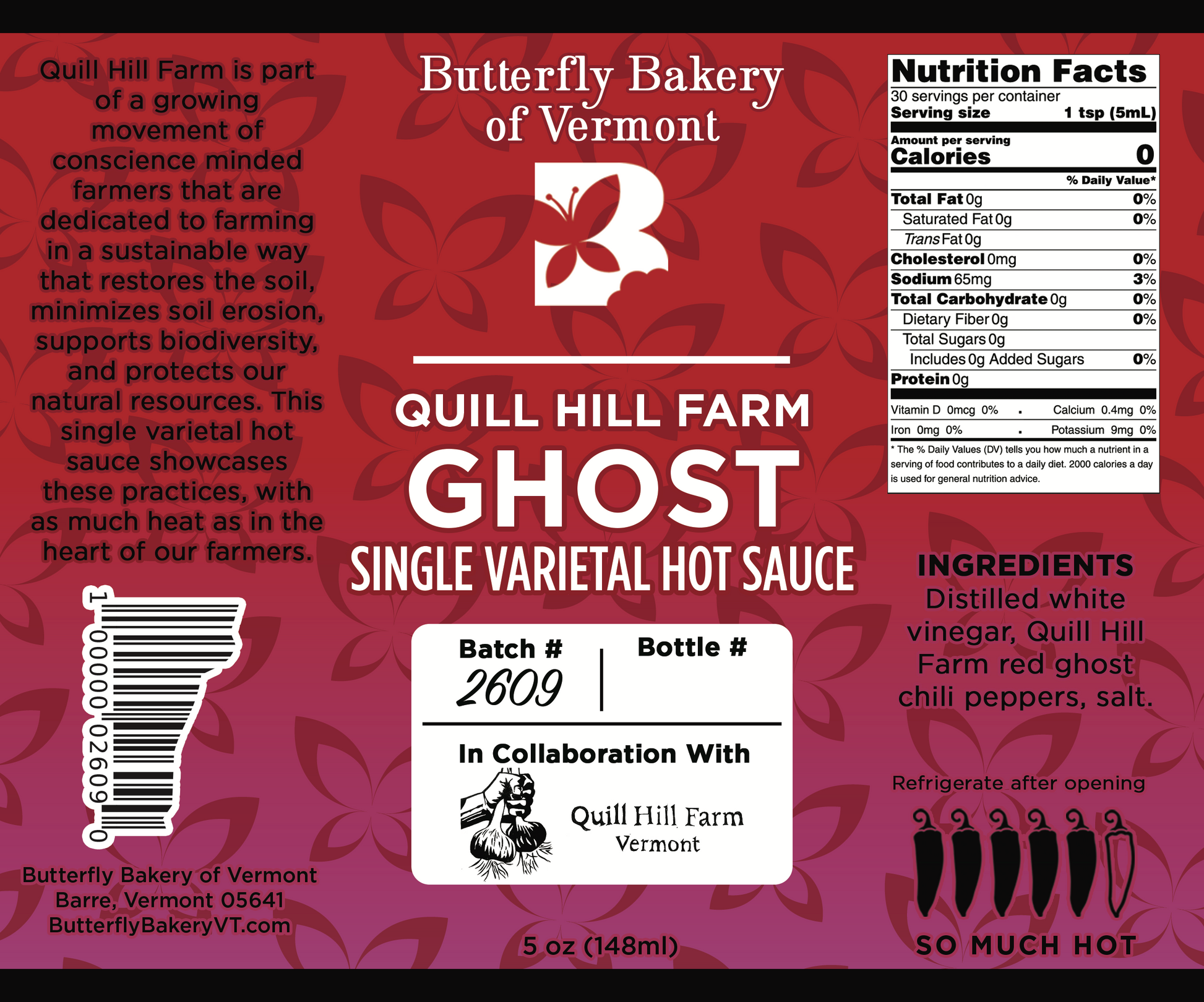 Label for Quill Hill Farm Ghost Single Varietal hot sauce from Butterfly Bakery of Vermont