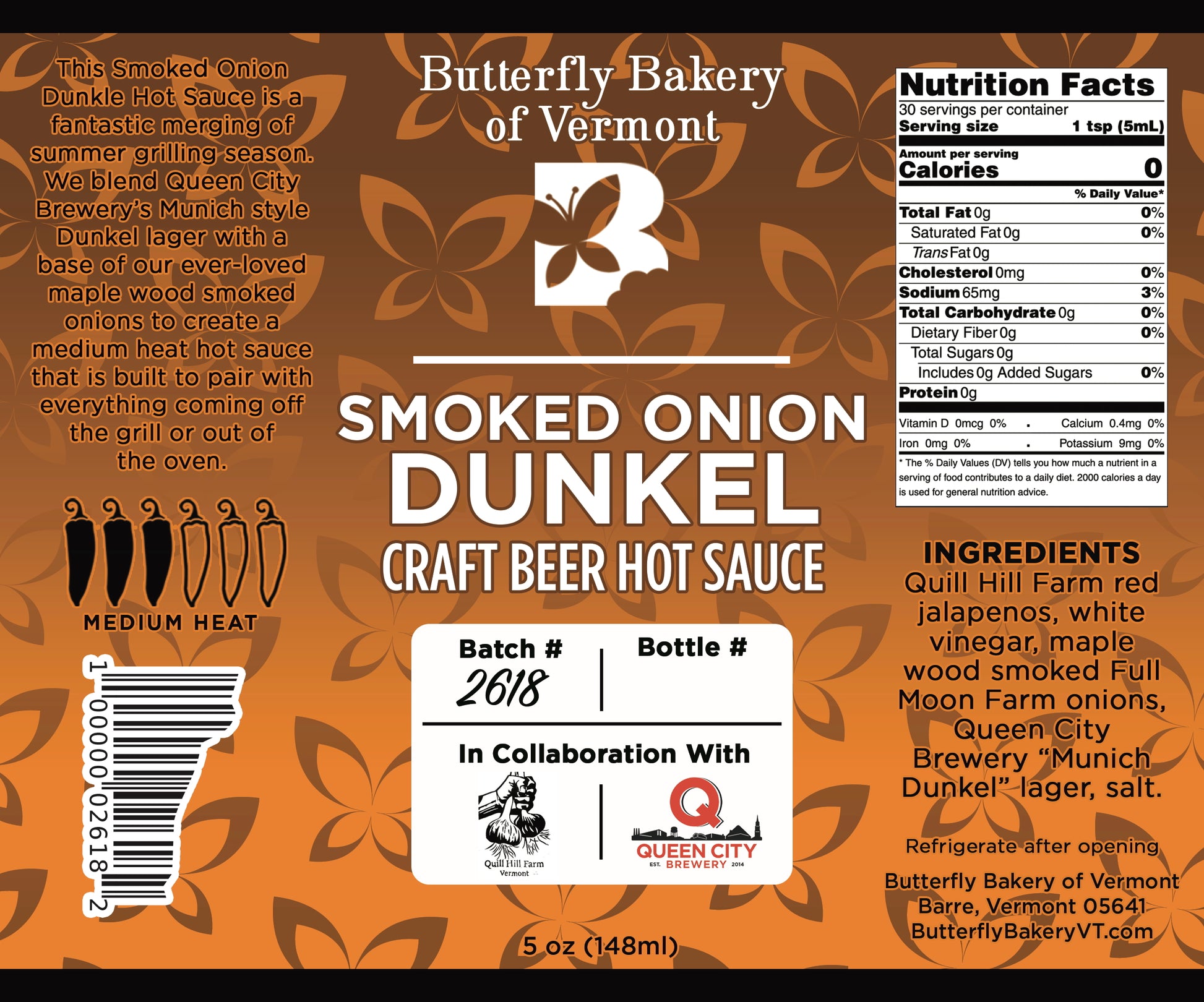 Label for Smoked Onion Dunkel Craft Beer hot sauce from Butterfly Bakery of Vermont