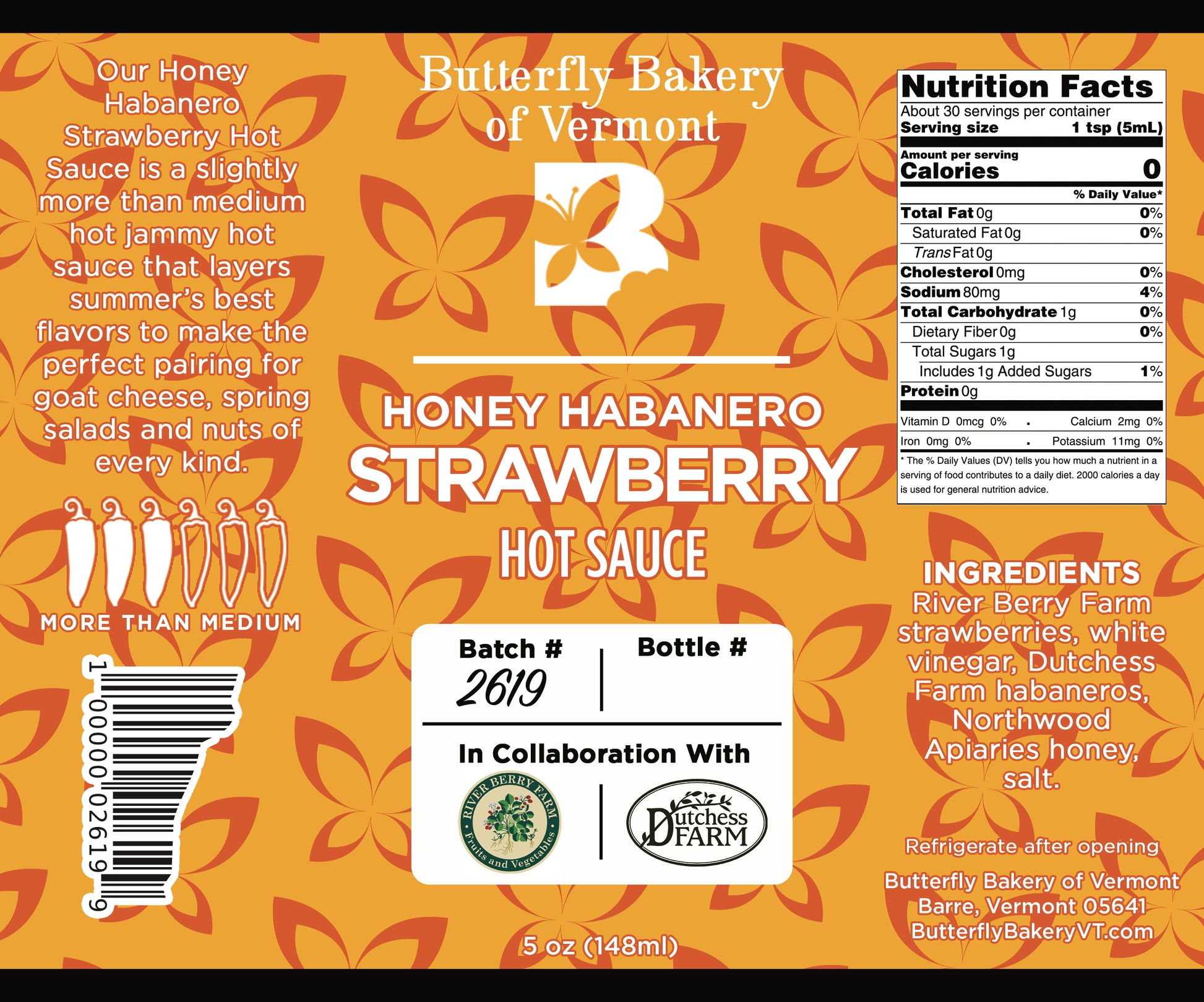 Label for Honey Habanero Strawberry hot sauce from Butterfly Bakery of Vermont