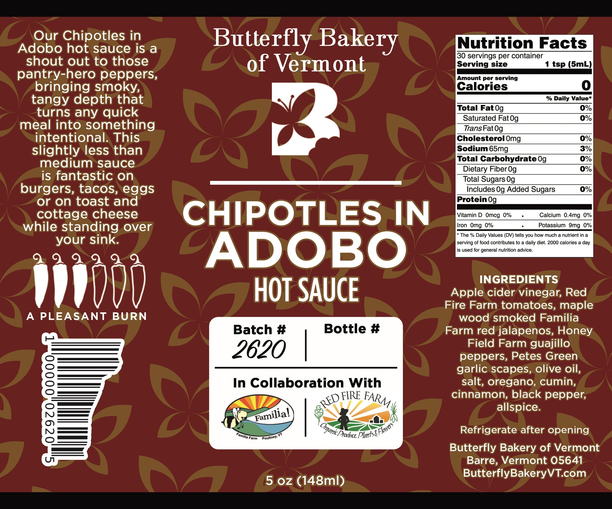 Label for Chipotles In Adobo hot sauce from Butterfly Bakery of Vermont