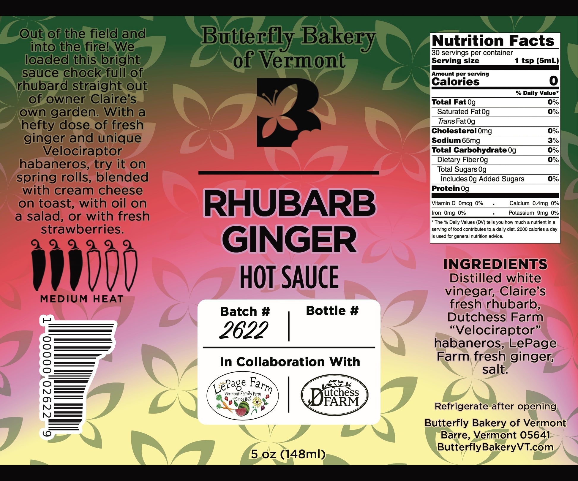 Label for Rhubarb Ginger hot sauce from Butterfly Bakery of Vermont