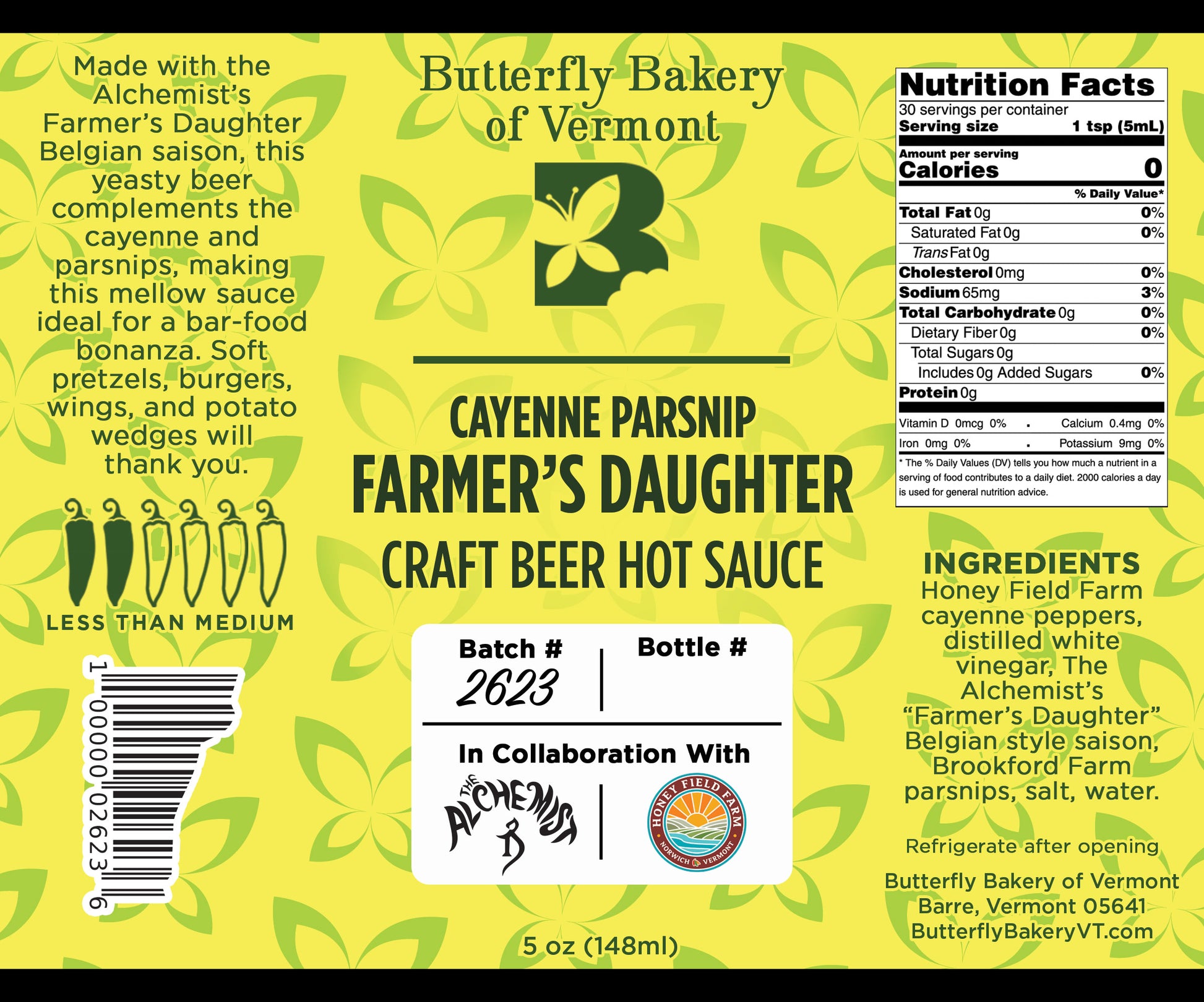 Label for Cayenne Parsnip Farmer's Daughter Craft Beer hot sauce from Butterfly Bakery of Vermont