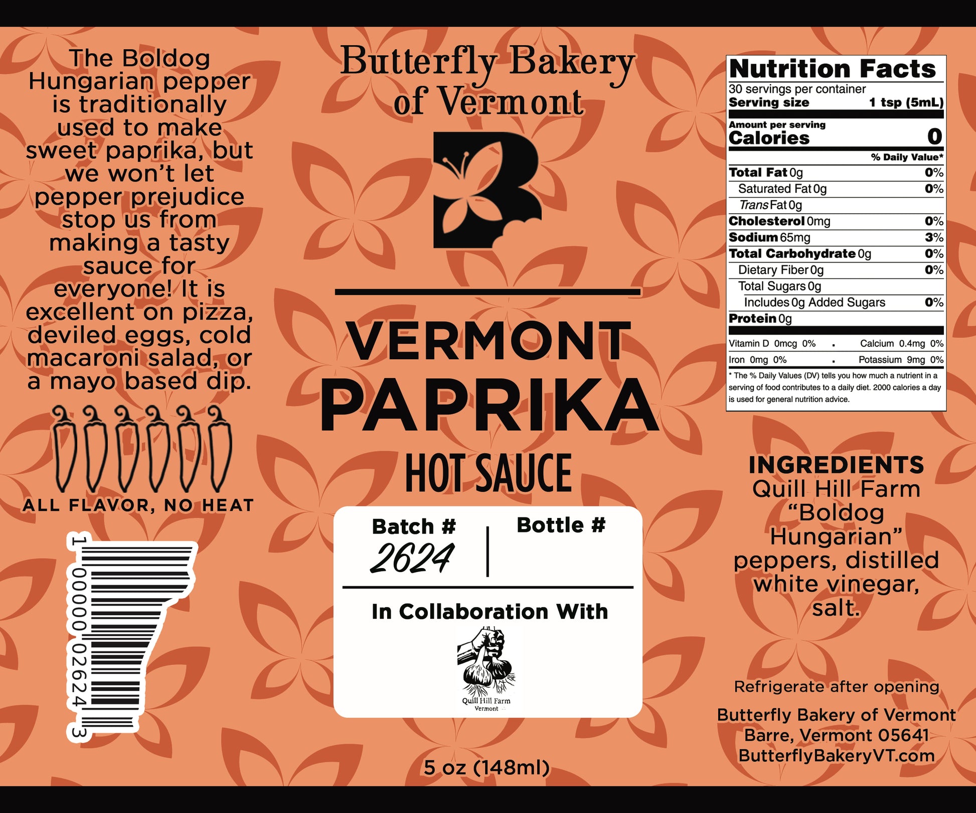 Butterfly Bakery of Vermont Vermont Paprika Hot Sauce label with text and branding.