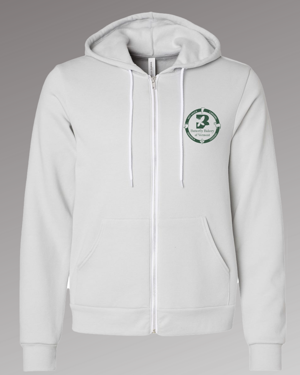 Front view of a silver colored hoodie with the Butterfly Bakery of Vermont logo positioned on the left chest