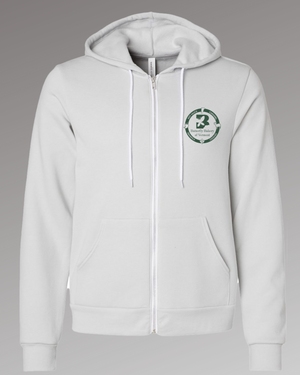 Front view of a silver colored hoodie with the Butterfly Bakery of Vermont logo positioned on the left chest