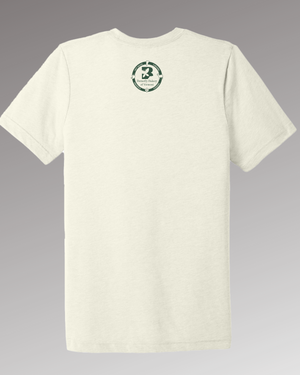 Back view of a cream colored t-shirt with the Butterfly Bakery of Vermont logo appearing just below the collar