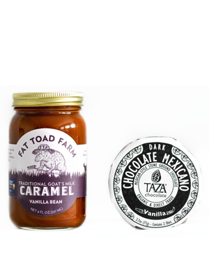Jar of Fat Toad Farm caramel and Taza chocolate on a white background