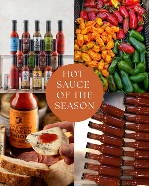 Collage of hot sauce bottles, peppers, and a cracker with cheese and hot sauce on it.