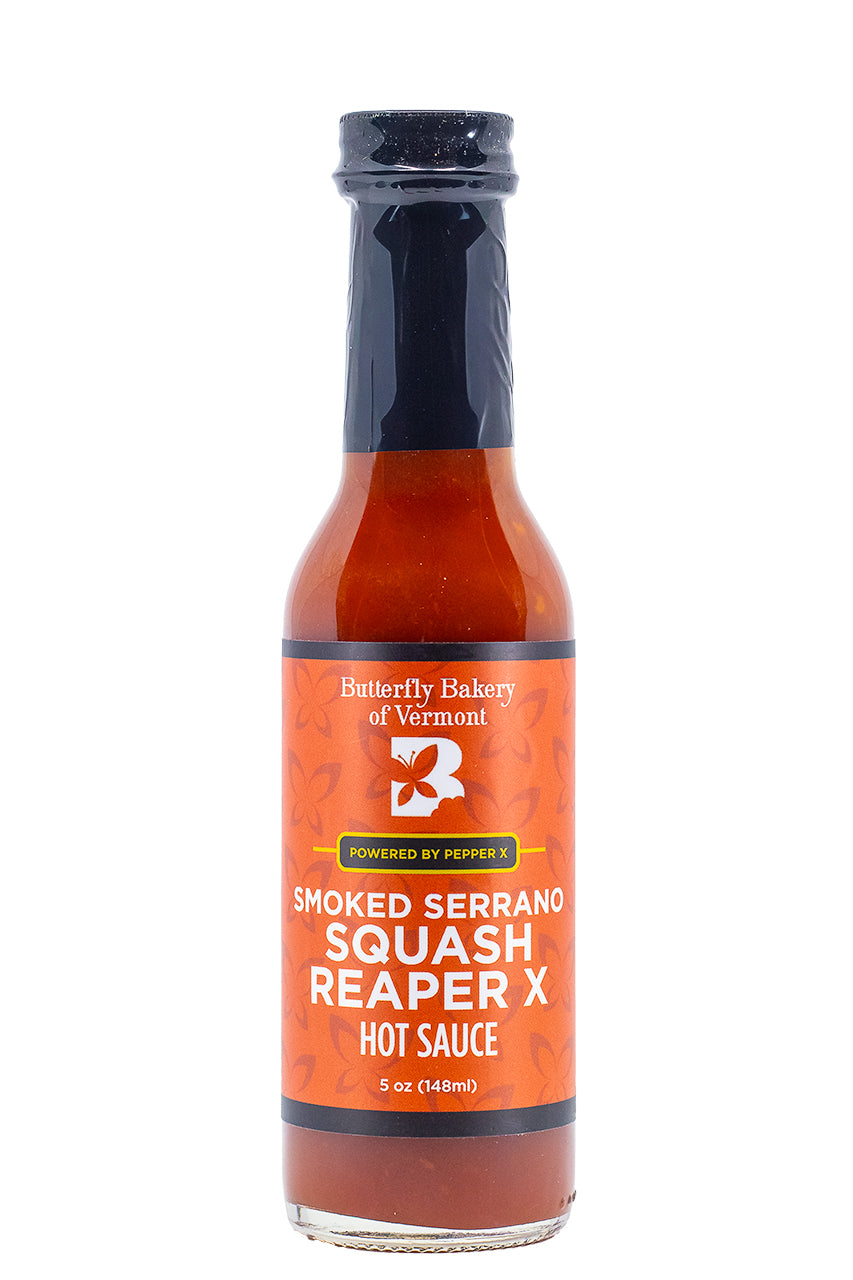 A bottle of Smoked Serrano Squash Reaper X hot sauce with a white background
