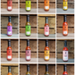 Grid of hot sauce bottles with various labels on a wooden background