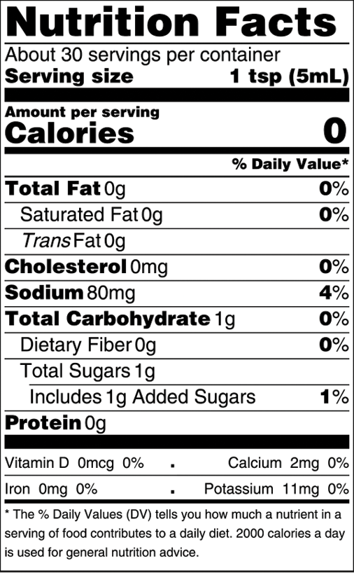 Nutrition facts label for Butterfly Bakery of Vermont Maple Coffee hot sauce