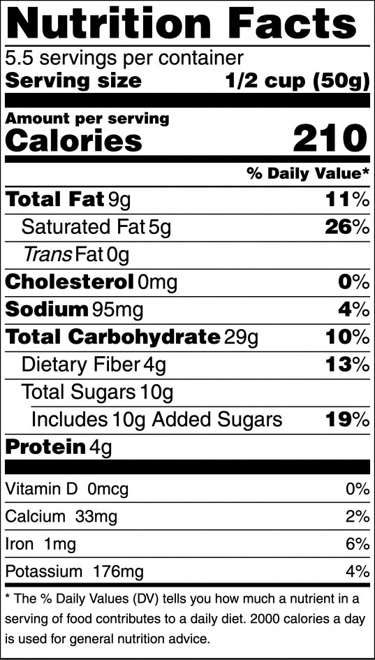 Nutrition facts label for a food product with serving size, calories, and nutritional content details.