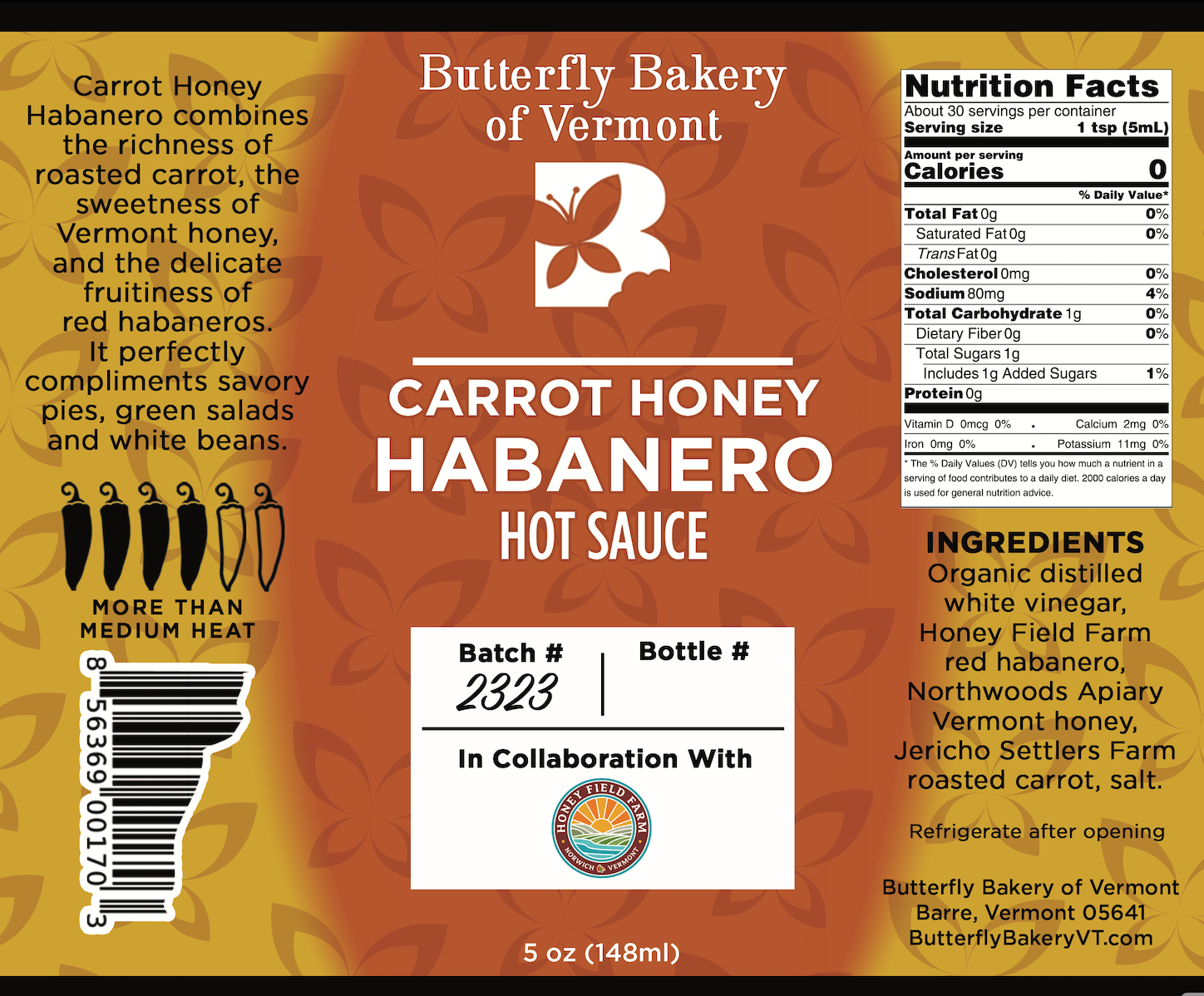 Carrot Honey Habanero Hot Sauce - Butterfly Bakery of Vermont