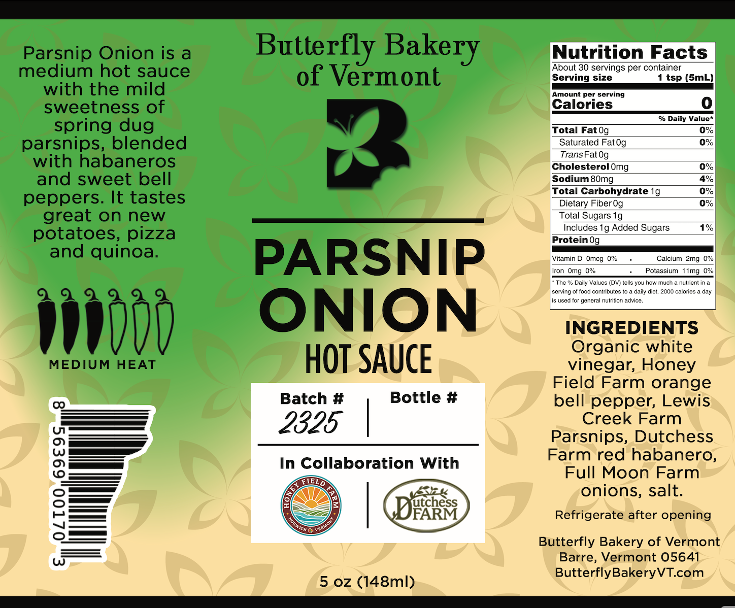 Parsnip Onion Hot Sauce - Butterfly Bakery of Vermont