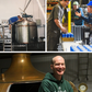 Collage of a brewery with large metal tanks, workers, and a person in a branded hoodie.