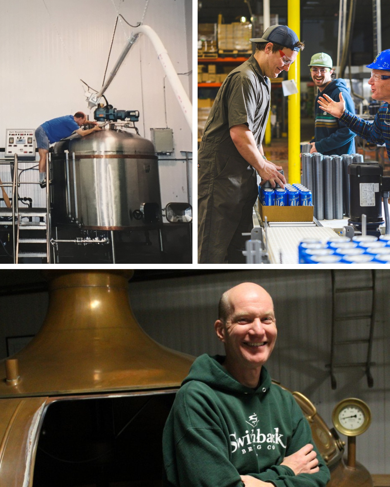 Collage of a brewery with large metal tanks, workers, and a person in a branded hoodie.