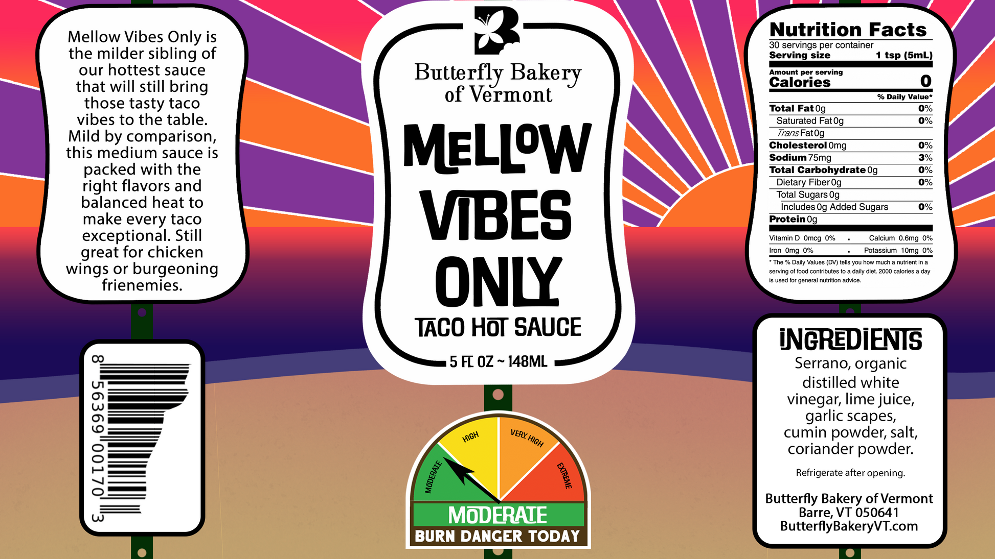 Colorful label for Mellow Vibes Only Hot Sauce - Butterfly Bakery of Vermont