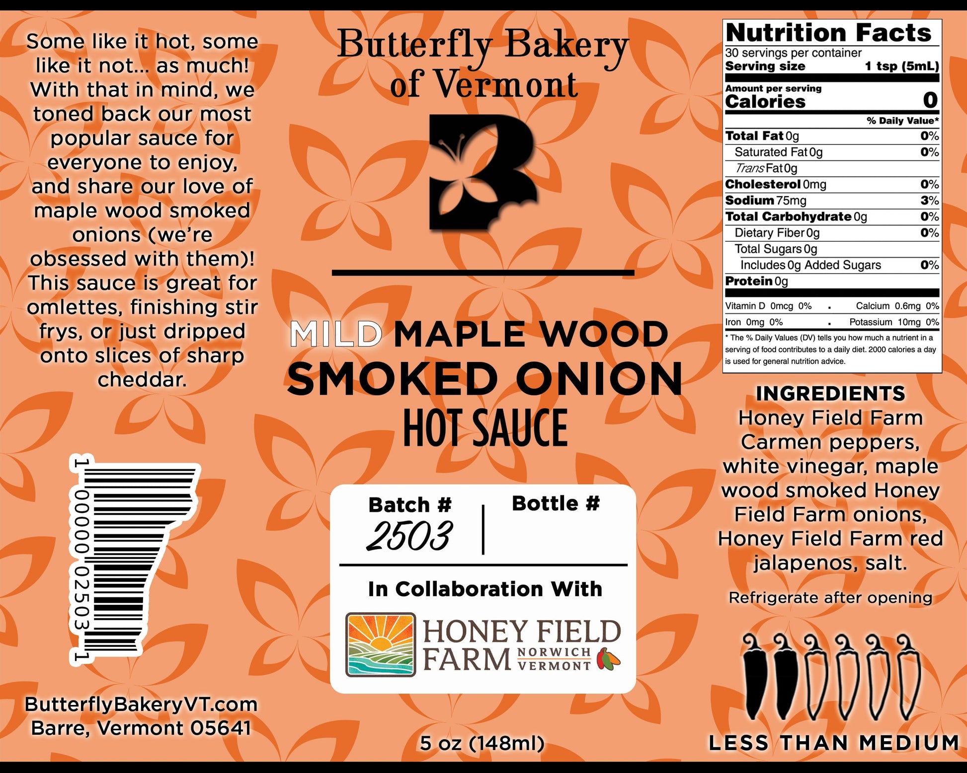 Mild Smoked Onion Hot Sauce - Butterfly Bakery of Vermont