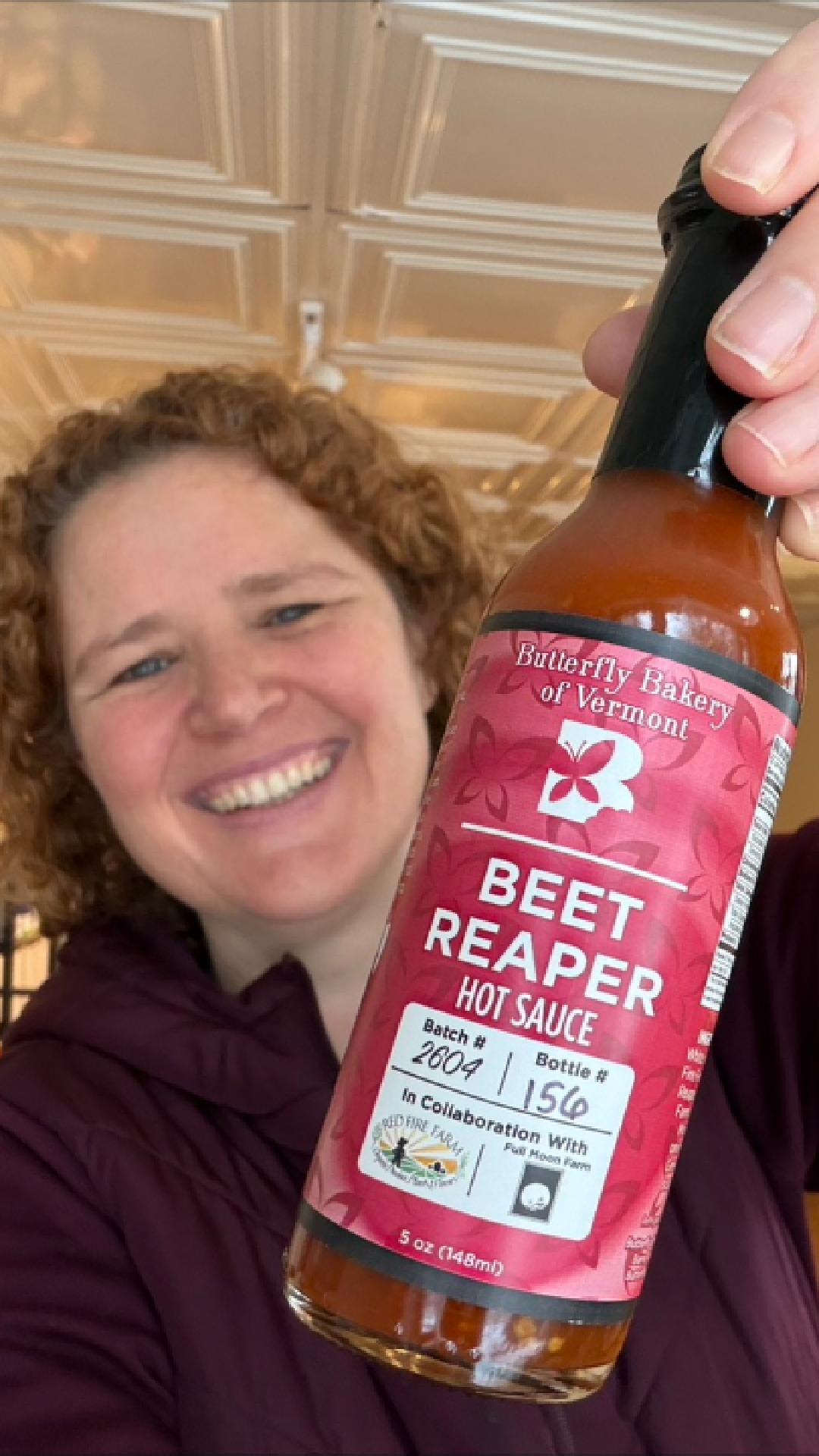 Video of Claire Georges talking about Beet Reaper hot sauce from Butterfly Bakery of Vermont