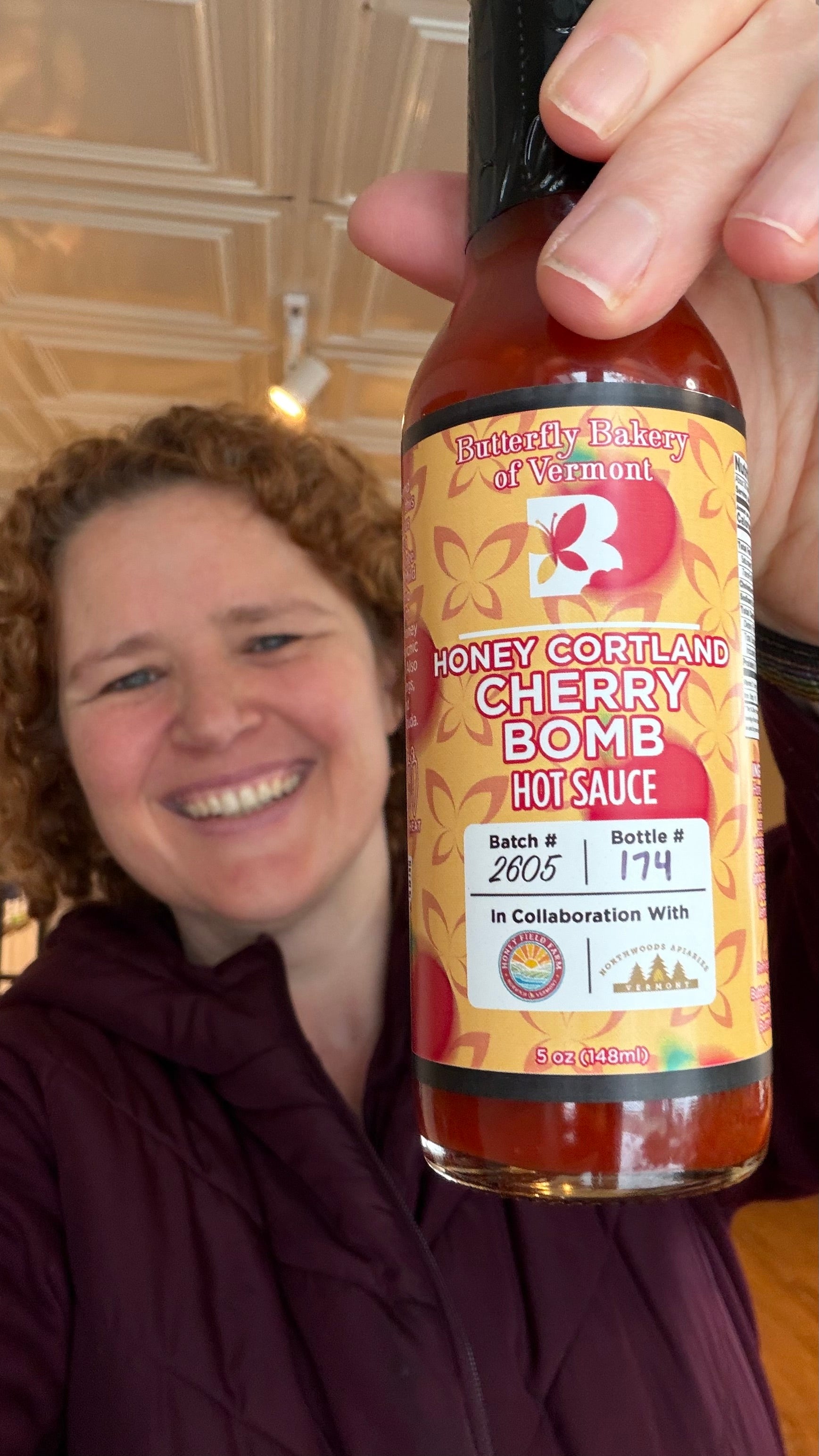 Video of Claire Georges talking about Honey Cortland Cherry Bomb hot sauce from Butterfly Bakery of Vermont