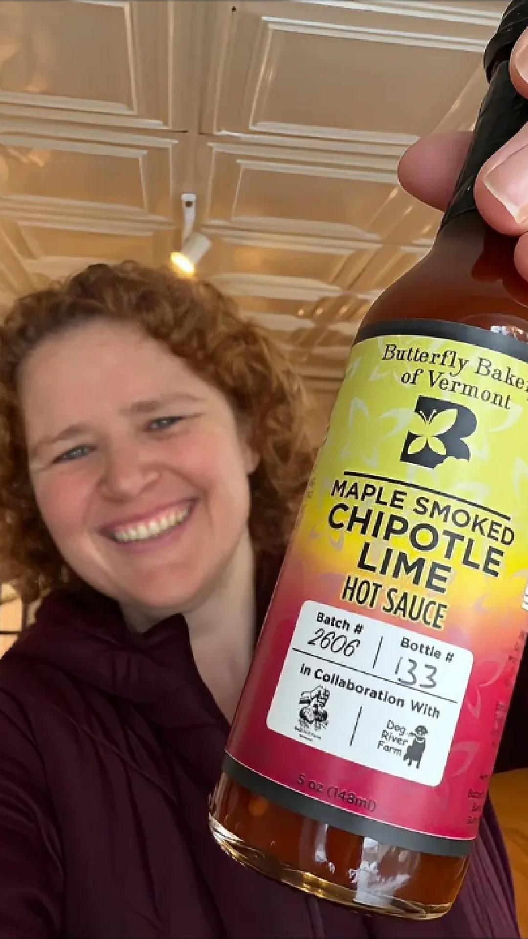 Video of Claire Georges talking about Maple Smoked Chipotle Lime hot sauce from Butterfly Bakery of Vermont