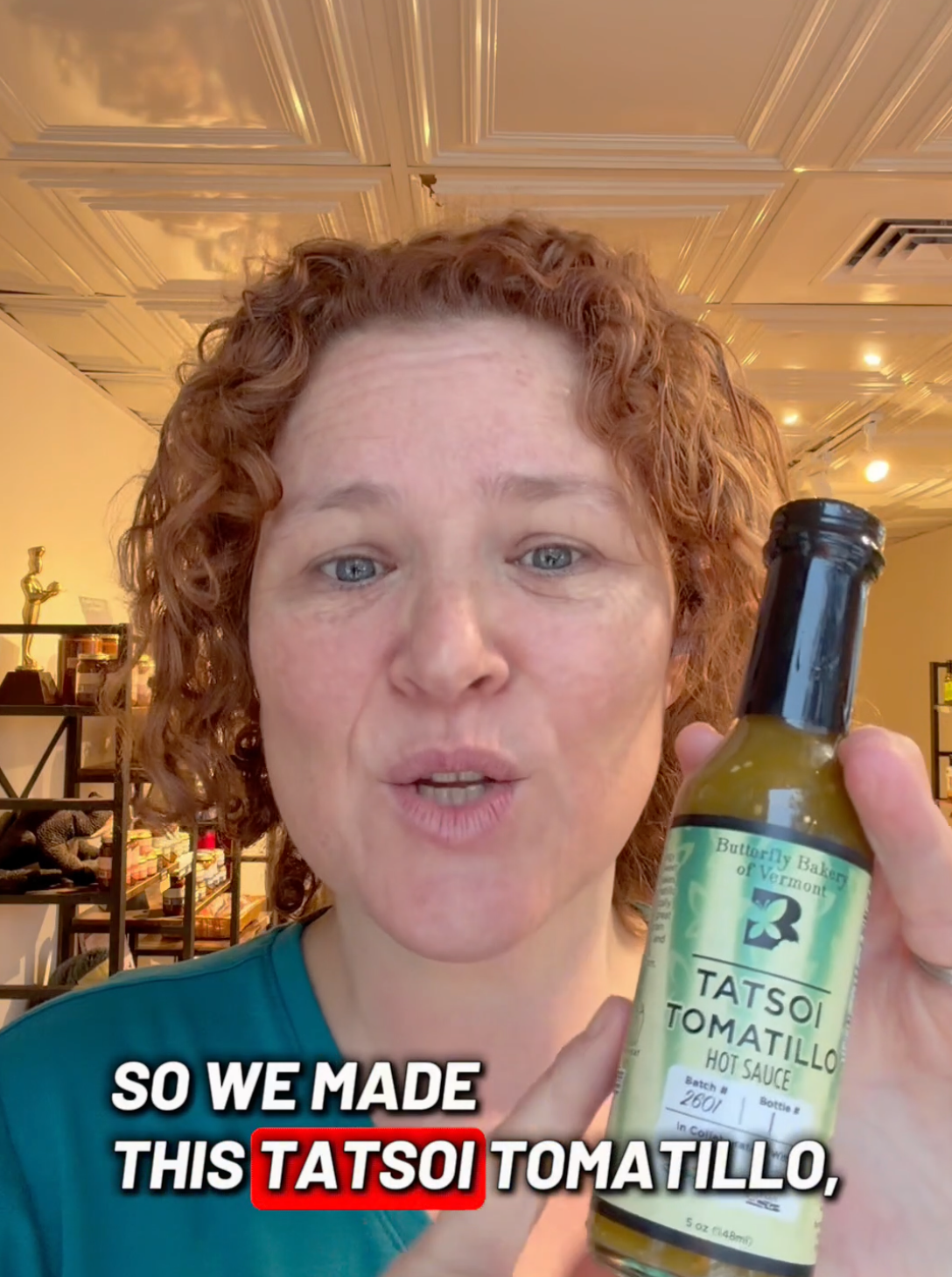 Video of Claire Georges talking about Tatsoi Tomatillo hot sauce from Butterfly Bakery of Vermont