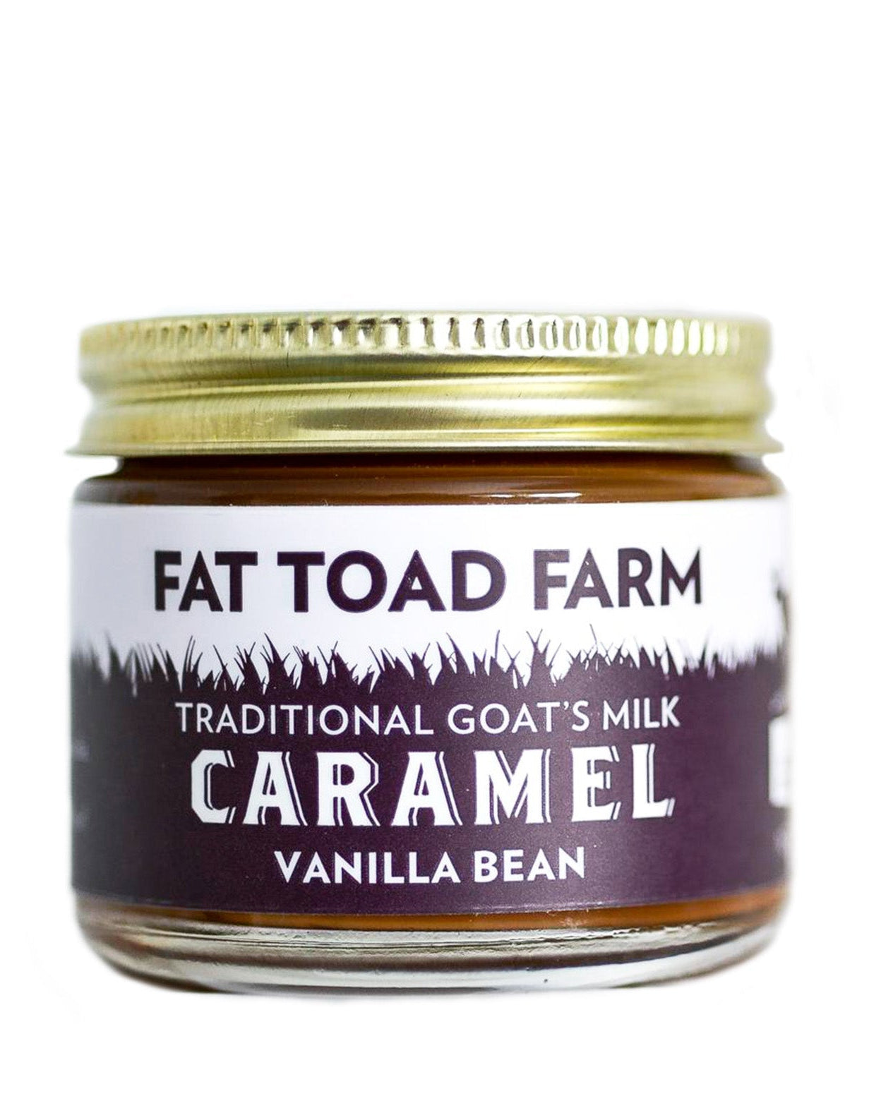 Jar of Fat Toad Farm vanilla bean caramel on a white background