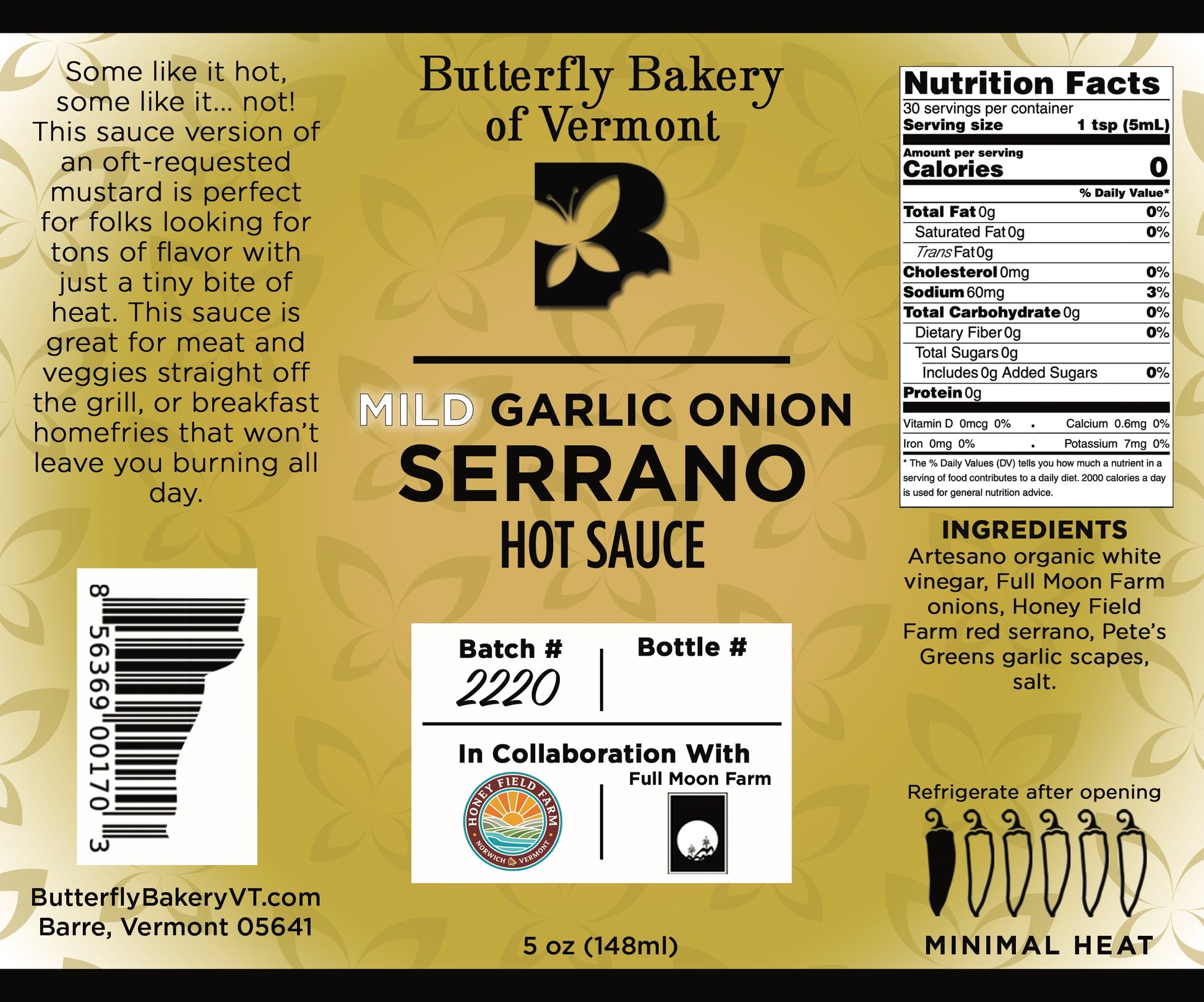 Mild Garlic Onion Serrano Hot Sauce - Butterfly Bakery of Vermont