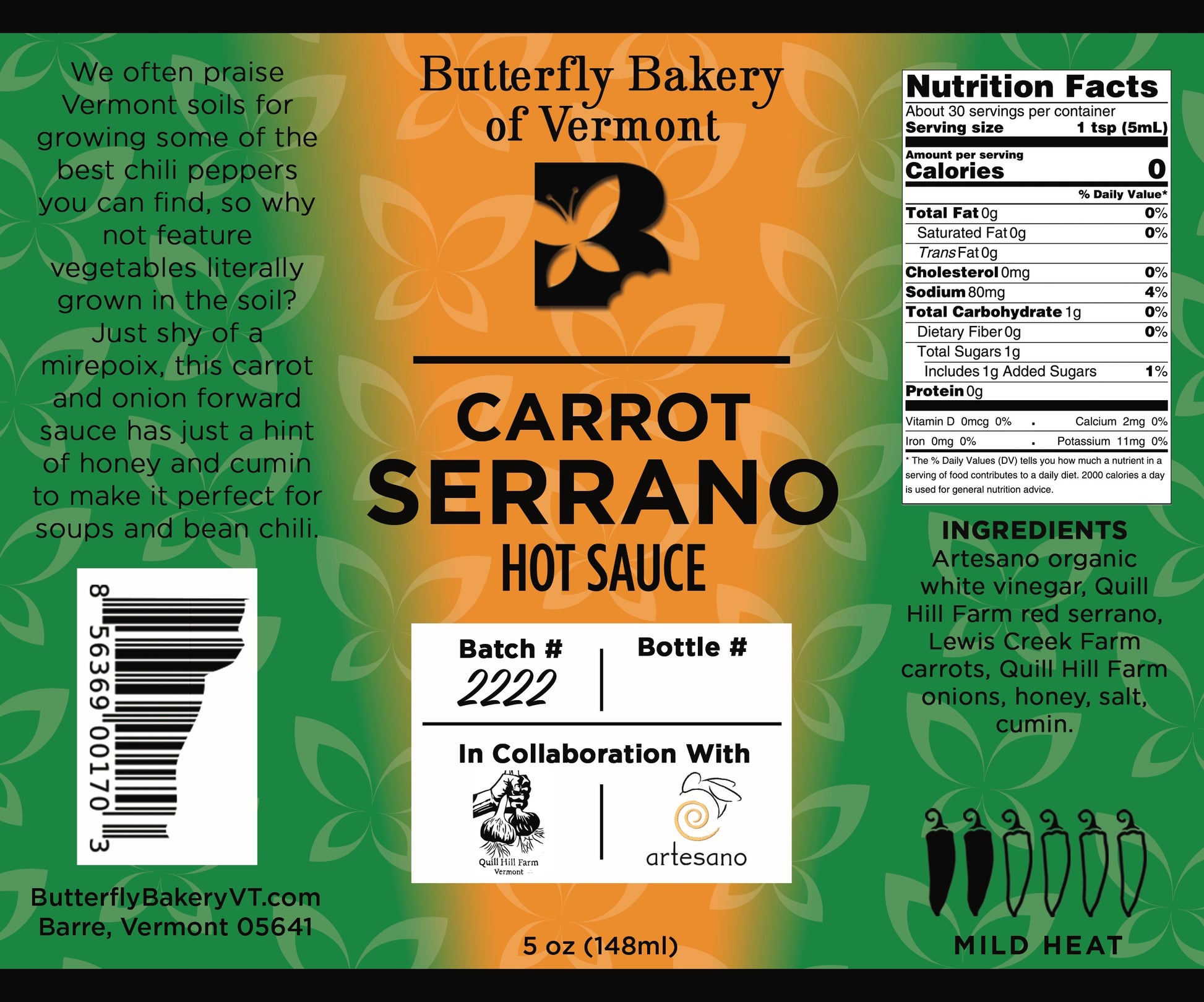 Carrot Serrano Hot Sauce - Butterfly Bakery of Vermont