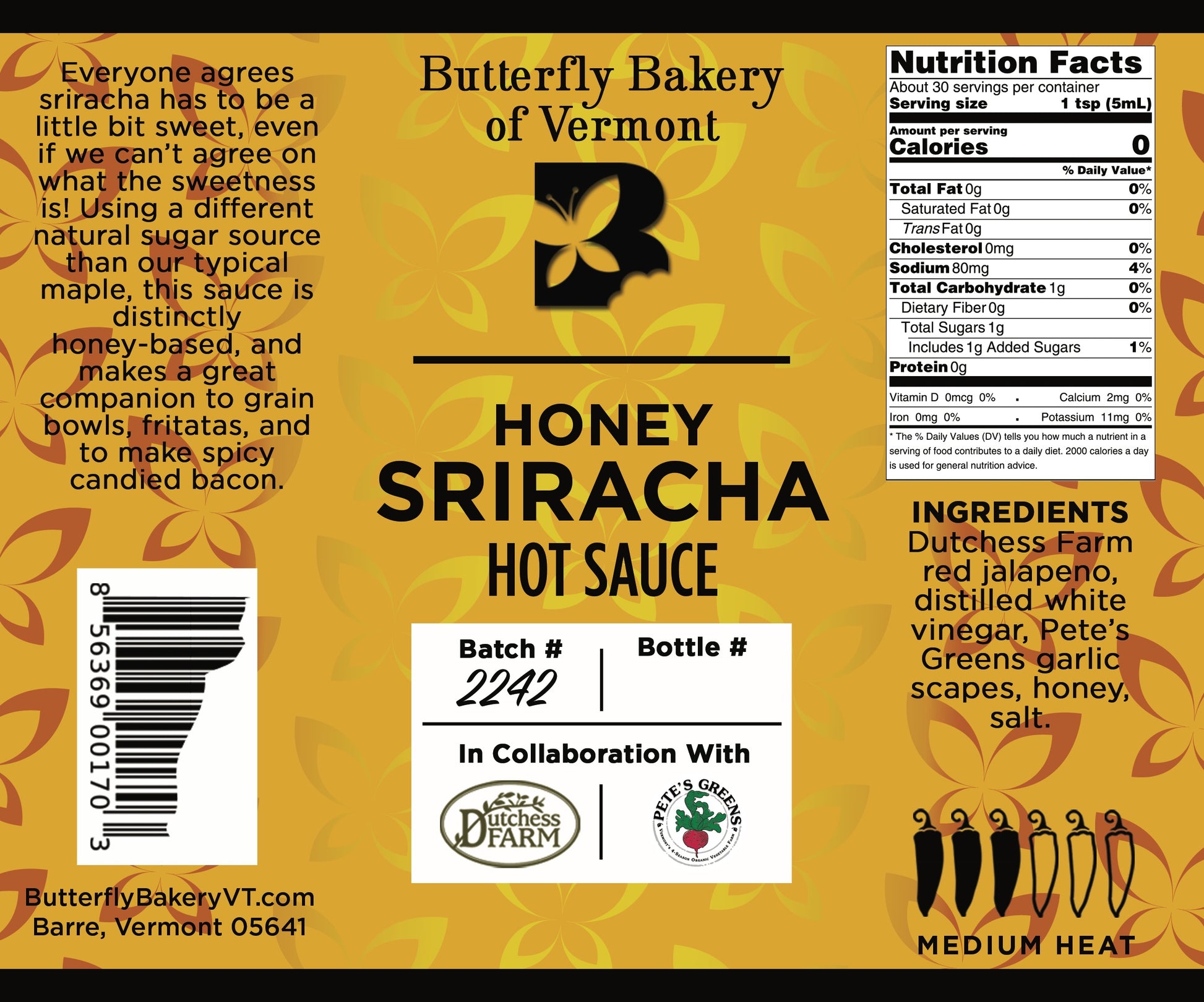 Honey Sriracha Hot Sauce - Butterfly Bakery of Vermont