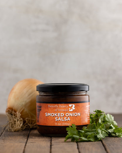 Jar of Smoked Onion Salsa from Butterfly Bakery of Vermont on a wood surface
